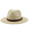 Classic straw Panama hat with brown faux leather band for summer beach protection - Beige