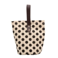 Canvas-Beuteltasche mit Punkten, braunen Ledergriffen und Metallnieten für Damen - Schwarzer Polka Dot