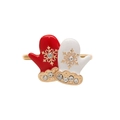 Golden ring featuring red and white enamel gloves with snowflakes and rhinestones - Christmas Mittens Style (Z1001-16)