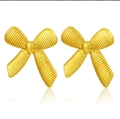 Elegant gold bow earrings with horizontal texture and bright metallic finish - Striped Carved 3D Bow