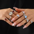 Gothic silver rings set with colorful gemstones worn by model on a dark background - Retro Red Blue Gemstone Silver Set (5832601)