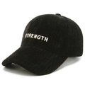Black corduroy baseball cap with white STRENGTH embroidery from a side-angle view - Adjustable / Black