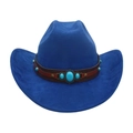 Ethnic navy blue cowboy hat featuring a brown leather turquoise beaded hatband - One Size / Sapphire Blue