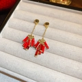 Elegant gold and red firecracker drop earrings with silver pins on a grey velvet tray - Gold Large Red Firecracker Long Drop Earrings (39#)