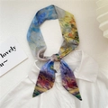 Artistic oil painting style narrow silk scarf used as a stylish headband on a white shirt - 6x105cm / Violet Bird Flower
