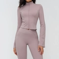 Slim fit dusty pink yoga jacket with stand collar and matching high waist flared leggings - Smoky Purple