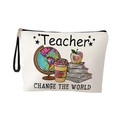 Linen teacher gift pouch with Teacher Change the World print and wrist strap - Pattern 4 (GLOBE/APPLE/COFFEE)