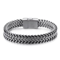 Zweilagiges Armband aus silbernem Edelstahl und schwarzem Leder mit Magnetverschluss - Stahlgeflochtener Stil (KB99444-BD) / 21.5cm / Silber