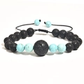 Detailed macro view of adjustable braided lava rock and turquoise beaded bracelet set - 06-Blue Turquoise