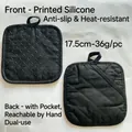 Black heat resistant silicone oven mitt and pot holder mat with pocket 17.5cm - Black Square Pocket Pot Holder