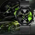 Racing wheel rim watch with black mesh strap and neon green brake caliper accents - T37 Black Mesh Strap Hub Green