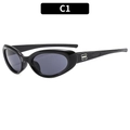 Y2K cycling sunglasses with black oval frame and silver metallic logo on temple - Black Frame Grey Lens