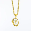 Gold plated initial Y necklace with white enamel pendant and heart link chain - Letter-Y