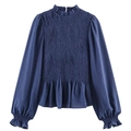 Navy blue women's smocked long sleeve blouse with honeycomb texture and ruffle collar - XS / Dark Blue