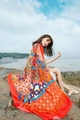 Ethnic style long beach shawl with vibrant orange and blue geometric patterns for summer - Orange Blue Ethnic Patchwork Style / Deep Pink / 180cm