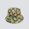 Detail of tropical floral print on a canvas bucket hat with vibrant red and green colors - M (56-58cm) / Green White Red Floral (18#)