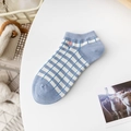 Blue and white checkered ankle sock with red floral embroidery and ribbed cuff design - One Size / Blue White Check Stripe (Red Flower)