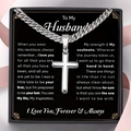 Silver cross necklace with cuban chain in a To My Husband gift box on pink ribbon - To My Husband-Silver Cross Cuban Chain