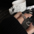 Adjustable silver open ring featuring black zircon and minimalist geometric floral design - No. 49 Open Ring