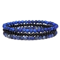 Close-up of a 3-piece set featuring 4mm blue mottled stone and black obsidian bead bracelets - 18.5cm-19cm / Lapis Lazuli