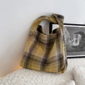 Classic yellow and grey plaid woolen tote bag with a stylish knot handle design - Yellow Plaid