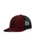 Burgundy and black mesh trucker hat with curved brim in a 3/4 side profile view - Adjustable / Maroon + Black Mesh