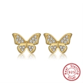 S925 sterling silver butterfly stud earrings in 14K gold plating with sparkling zircons - APE12-Gold Butterfly