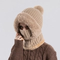 Passamontagna invernale in maglia kaki con bordo in ecopelliccia e pompon - Cachi