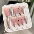 Pink cat eye press-on nails with silver mirror powder and elegant rhinestone accents - XS / Glue Type
