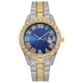 Luxury hip-hop silver and gold iced-out men's watch with blue dial and Roman numerals - Two-tone Gold Blue Dial