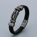 Men's braided black leather bracelet with antique silver metal clasp and ornaments - 19cm / Style A Vintage Silver (KB166236-KFC)