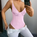 Pink satin sleeveless bodysuit with spaghetti straps and plunging V-neck for women - XS / Light Pink