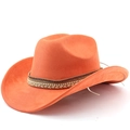 Detailed view of orange suede cowboy hat with ethnic beaded band and gold braid cord - M (56-58cm) / Orange