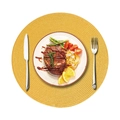Yellow round braided PP dining placemat with plate and cutlery on white background - 38cm (Approx. 60g) / Yellow