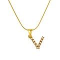 Gold plated stainless steel necklace featuring a pearl-inlaid V-letter pendant on a fine chain - V (S-P149-V)