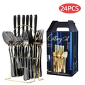 24-piece black and gold stainless steel cutlery set with storage rack and blue gift box - 24-Piece Set / Black