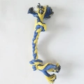 Close-up of blue and yellow braided cotton dog rope toy with double knot design - 25g 18cm Blue and Yellow