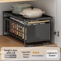 Single-tier black carbon steel pull-out cabinet organizer with wood handle and wheels - Single Layer / Classic Black