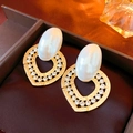 Vintage style heart earrings with white pearls and sparkling crystal halo in gold finish - 925 Silver Earring Post / Gold