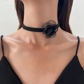 Elegant black velvet choker featuring a 3D layered mesh rose flower pendant for women - Black