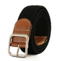 Black woven elastic belt with brown leather accents and a silver matte metal buckle - Black
