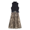 Abito senza maniche a collo alto con top nero e gonna a pieghe maculata con cintura - XS / Nero Cuciture Leopardate