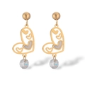 Gold-plated hollow heart earrings with hanging clear crystal pendant on white background - Gold
