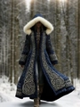 Close-up of vintage dark blue hooded cloak with white faux fur trim and embroidery - S / Dark Blue (RW-JLCKS-1901)