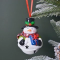 Christmas snowman bell hanging ornament with red ribbon and blue gift box on pine branch - Gift Snowman-White Bell-Half Body