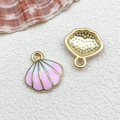 Pink and white enamel shell charm pendant with gold-plated alloy base for jewelry making - 1pc Shell 16x17mm-1.3g
