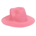 Close-up detail of the pink straw sun hat with fine weave texture and wide brim - Pink