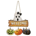 Halloween Willkommensschild mit weißem Geist und hängenden Kürbis-Anhängern - Stil A