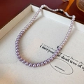 Elegant lavender pearl necklace featuring 6-8mm round pearls with a metal buckle clasp - 6mm Purple-White Patchwork (56#) / White-Purple