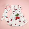 Détail à plat d'une robe cerise pour animaux avec volants en dentelle et nœud en soie blanc - XS / Robe de mariée cerise + cravate / Blanc